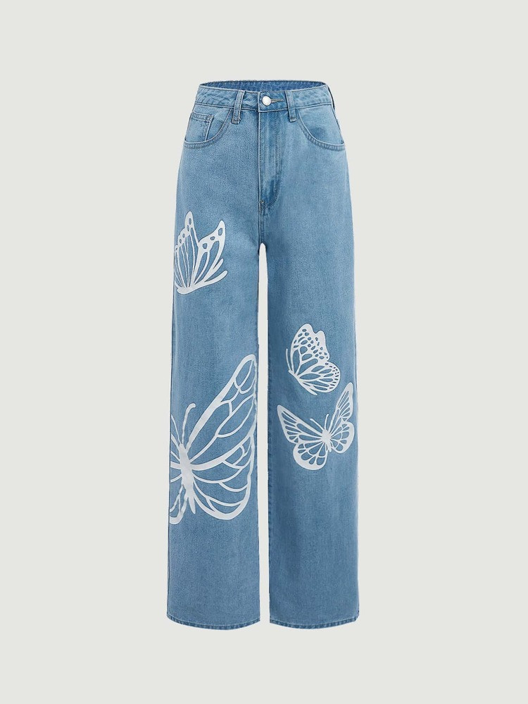 SHEIN MOD Butterfly Print Wide Leg Jeans | SHEIN