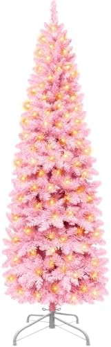 6Ft Prelit Artificial Slim Pink Christmas Tree, 240 LED Warm Lights, 658 Thick Branches, Fire-Res... | Amazon (US)