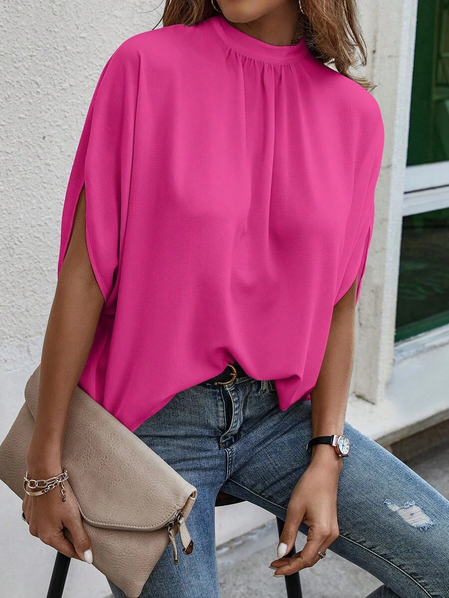EMERY ROSE Women's Solid Color Stand Collar Casual Loose Bat Wing Sleeve Blouse | SHEIN