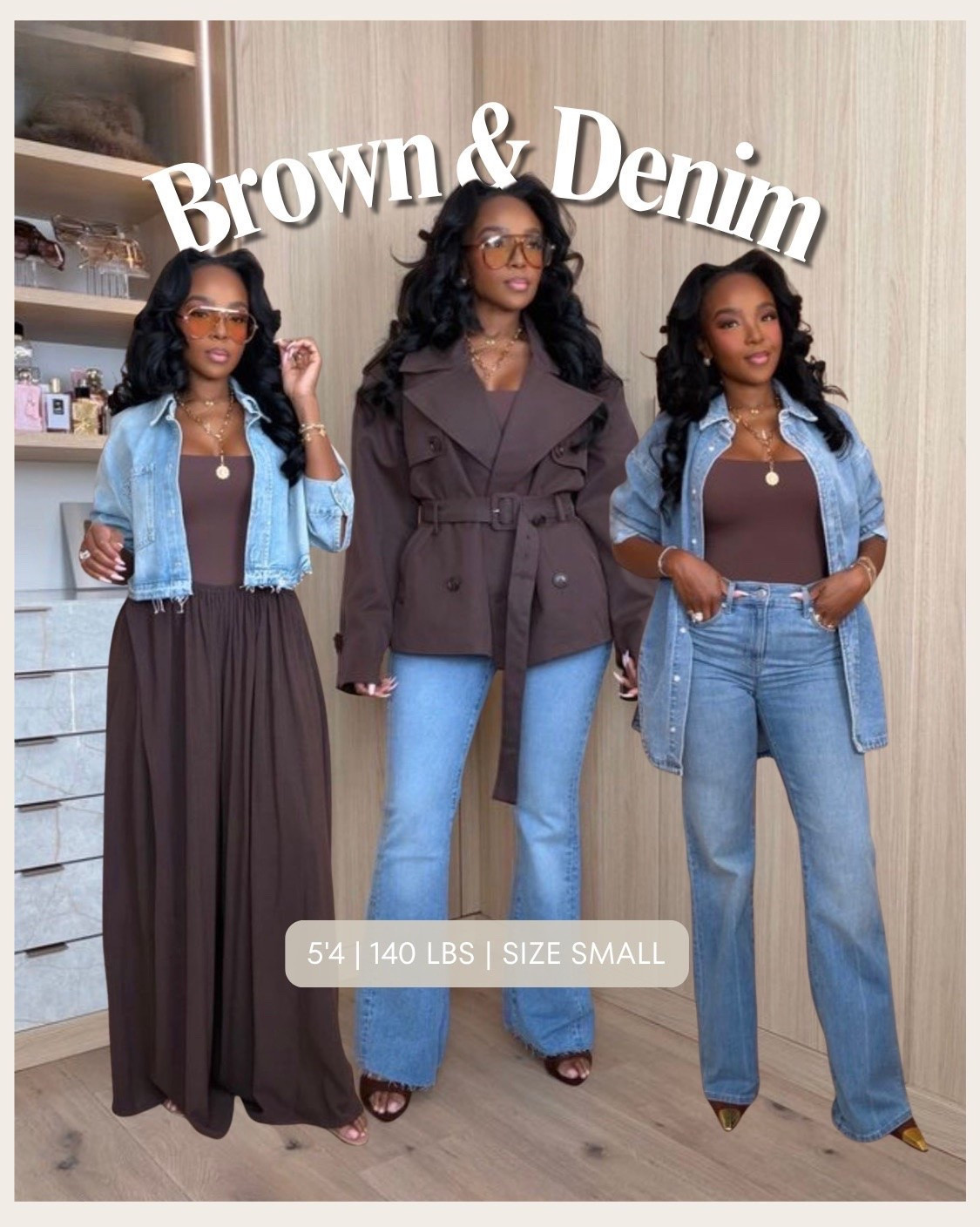 BROWN + DENIM 🤎

The fall color combo I’ll never get tired of. Brown paired with denim makes every outfit feel instantly elevated, and these looks give you three easy ways to wear the trend all season.

Wearing: Size Small | 5’4” | 140 lbs | 34D-27-40

brown and denim outfit, fall outfit ideas, brown outfit women, denim outfit inspiration, chocolate brown outfit, casual fall outfits, elevated casual style, fall denim trends, petite fall outfits, brown blazer outfit, denim maxi skirt outfit, wide leg jeans outfit, everyday fall style, fall fashion 2026

📲 Download the FREE LTK app & follow me (@kirasfashionfinds).

#LTKPetite #LTKFall
#LTKootd #LTKPetite #LTKMidsize