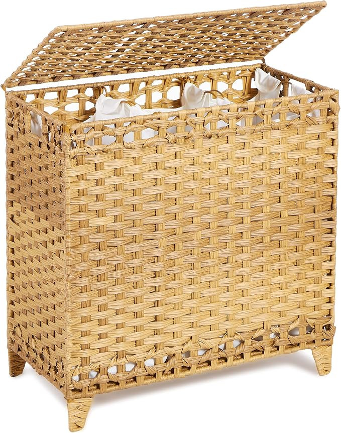 Laundry Hamper with 3 Removable Liner Bags; 132L Handwoven Rattan Laundry Basket with Lid & Heigh... | Amazon (US)