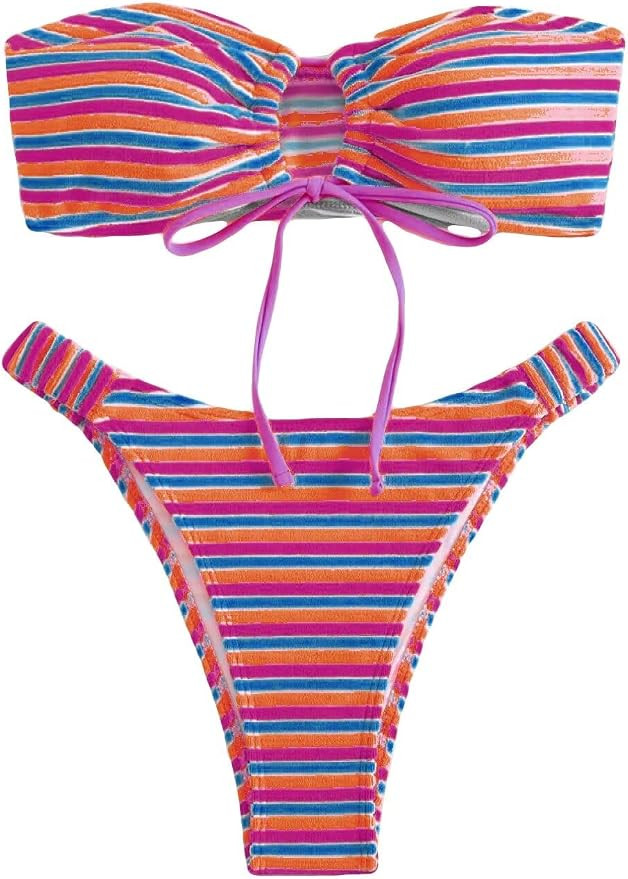 Women's Striped Printed Bandeau Bathing Suit High Waisted Swimsuit Bikini Set | Amazon (US)