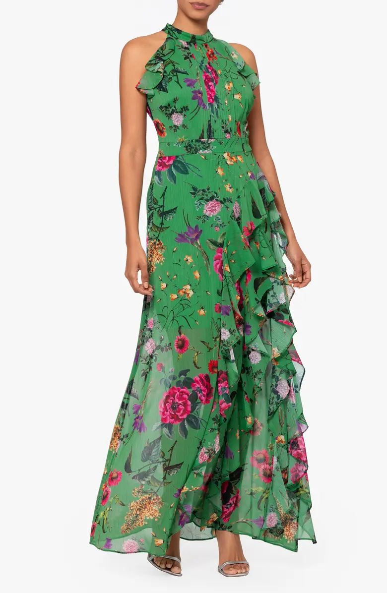 Floral Print Metallic Ruffle Chiffon Gown | Nordstrom