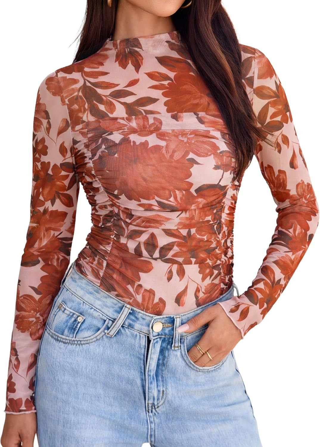 Glamaker Women's Lace Mesh Sexy Tops Long Sleeve Mock Neck Sheer Y2K Date Night Going Out Shirts Floral Ruched Blouses | Amazon (US)