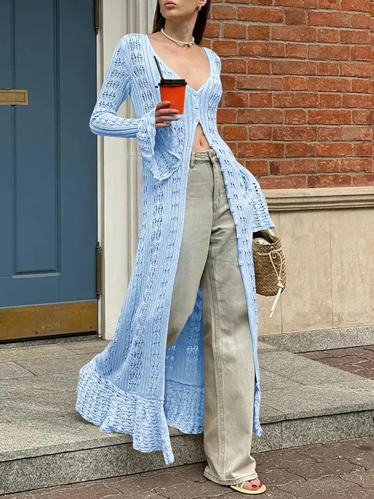 Saodimallsu Womens Crochet Long Cardigans Duster Button Up Bell Long Sleeve Ruffle 2026 Summer Bo... | Amazon (US)