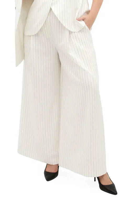 City Chic Belted Pinstripe Wide Leg Pants in Ivory Pinstripe at Nordstrom, Size 20W | Nordstrom