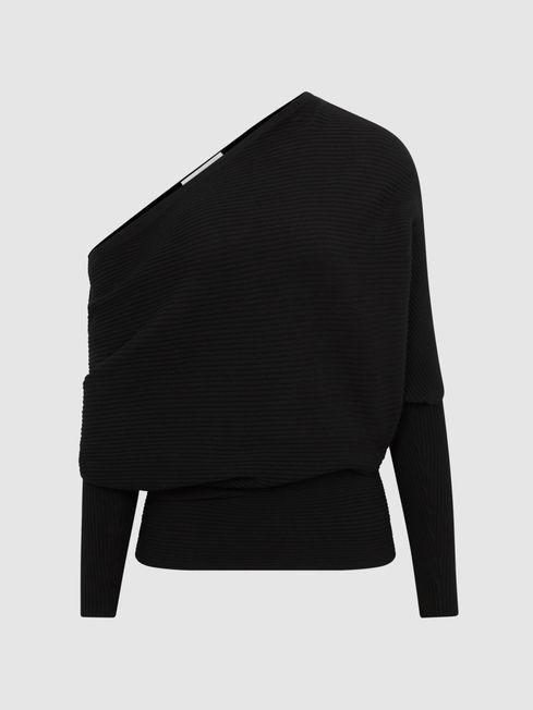 Reiss Black Lorna Asymmetric Drape Knitted Top | Reiss UK