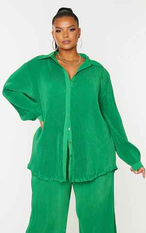 Plus Bright Green Plisse Button Front Oversized Shirt | PrettyLittleThing CAN