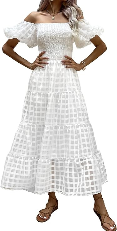 PRETTYGARDEN Women's Casual Summer Midi Dress Puffy Short Sleeve Square Neck Smocked Tiered Ruffl... | Amazon (US)