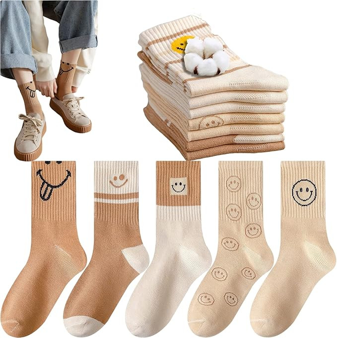 5 Pairs Cute Women Fun Smile Face Ankle Sock Knitted White Novelty Comfy Cotton Girl Dress Funny ... | Amazon (US)