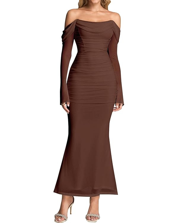 KUTUMAI Off Shoulder Long Sleeve Maxi Dress Corset Bodycon Ruched Cocktail Formal Wedding Guest D... | Amazon (US)
