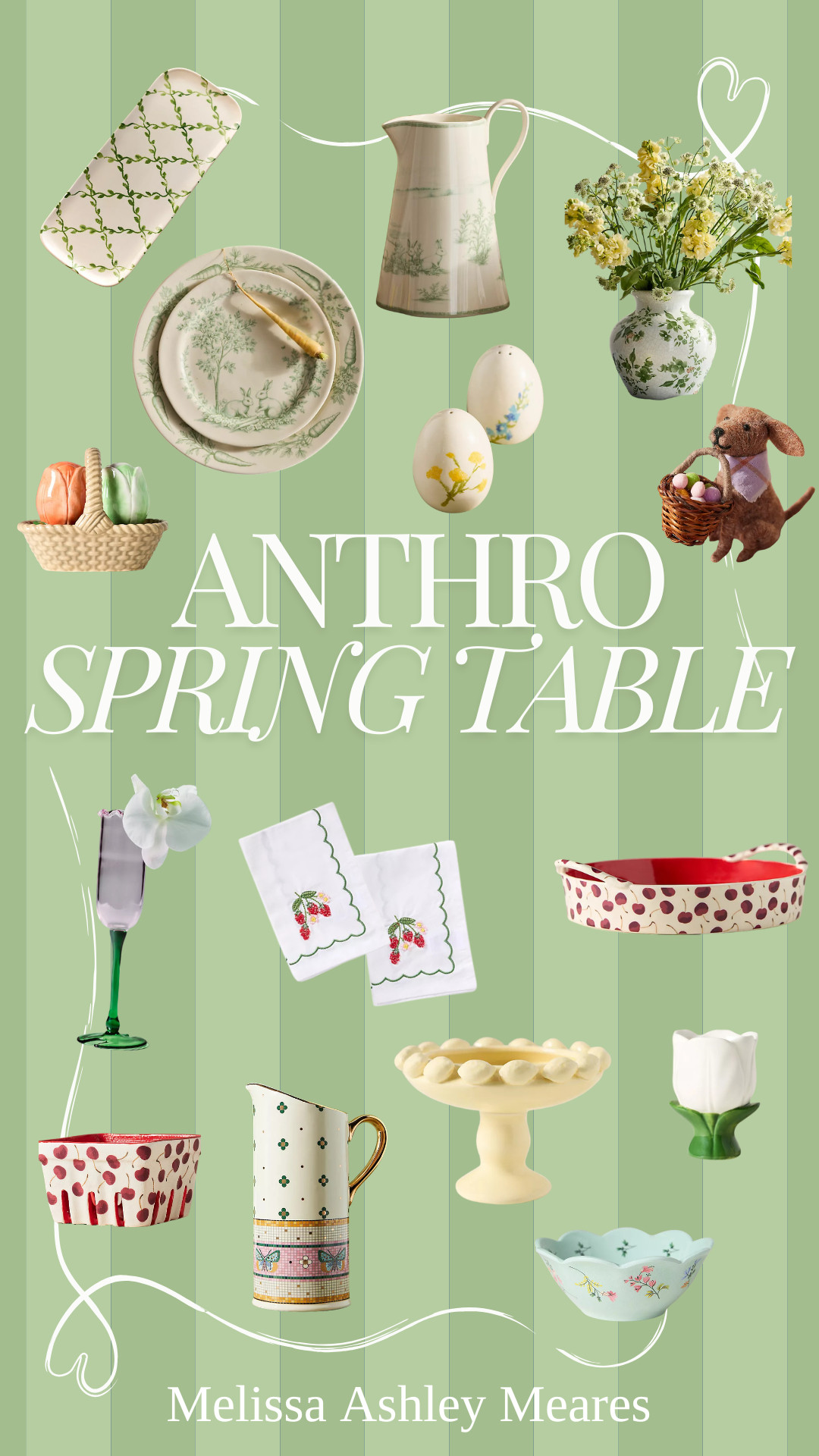 Anthro spring table 🌸
Fresh colors, pretty details, and pieces that make setting the table feel a little more special. I rounded up some Anthropologie finds that are perfect for spring hosting

vine lattice serving tray, lilypad flute glasses, easter egg dog felt critter, lemon yellow footed bowl, floral egg salt and pepper shakers, bunny toile stoneware pitcher,  green chinoiserie terracotta jar planter, green chinoiserie vase, berry embroidered cotton napkins, bistro tile stoneware accent pitcher garden edition, berry icon handpainted stoneware pie dish,  fruta stoneware berry basket, bunny toile carrot stoneware plate, louise stoneware salt and pepper shakers in basket, louise stoneware egg cup 

 #SpringTable #AnthroHome #TableInspo #LTKfoodie #LTKSeasonal #LTKHome