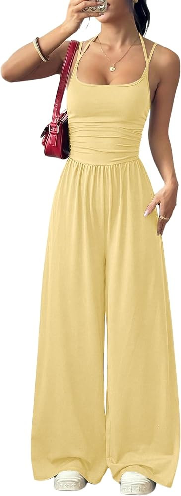 Floerns Women's Summer Jumpsuit Romper Spaghetti Strap Wide Leg Baggy Pants | Amazon (US)