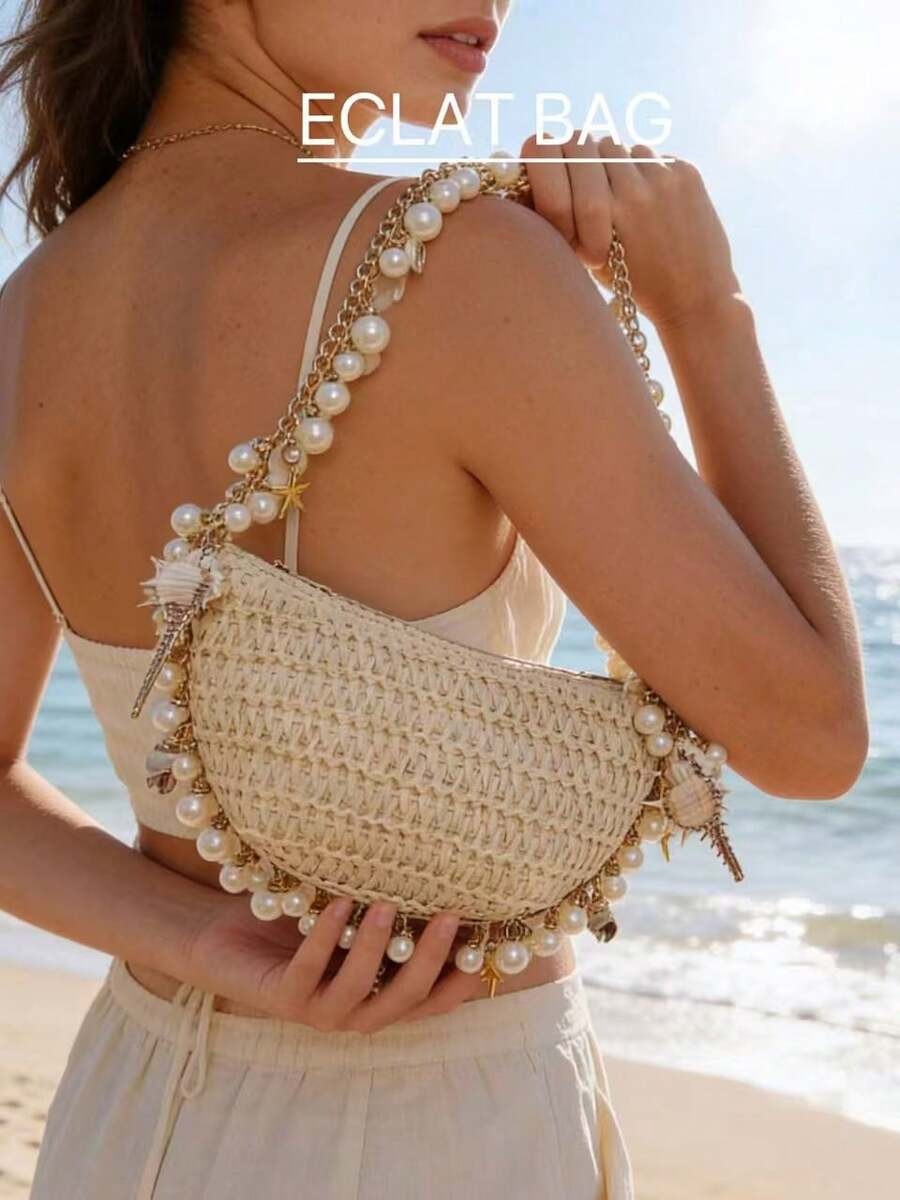 1pc Niche Vintage Straw Woven Seashell Pearl Handbag With Chain Strap, Casual Vacation, Wedding P... | SHEIN