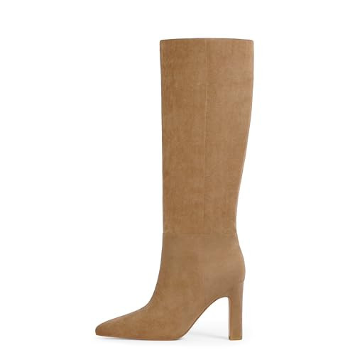 QIY Women Knee High Boots Tan Pointed Toe Tall Boots Block Chunky High Heeled Suede Boots for Women Knee High Boots Size 11 | Amazon (US)