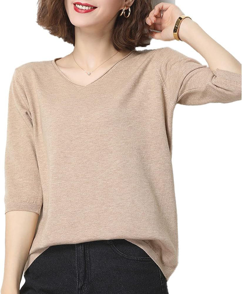 ASSUAL Women's Short Sleeve Sweaters V Neck Pullover Sweaters Solid Soft Knit Tops Tee | Amazon (US)