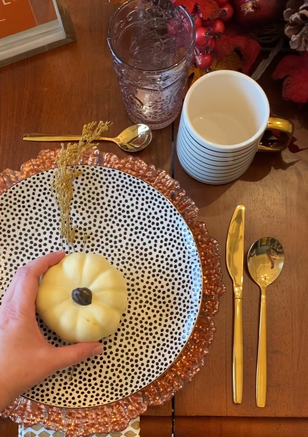Fall Dining Room. 🍁🍂 Get gorgeous pieces perfect for entertaining. Love our spotted dinnerware, gold flatware, & fall candles! 

#falldecor #falldecorations #diningtable #pumpkin #homedecor #home #fall #walmart #mantle #whitepumpkins #candleholder #dining #diningroom #fallcenterpiece #diningroomtable #thymeandtable #thyme&table #thepioneerwoman #thanksgiving #thanksgivingtable

#LTKVideo #LTKparties #LTKhome