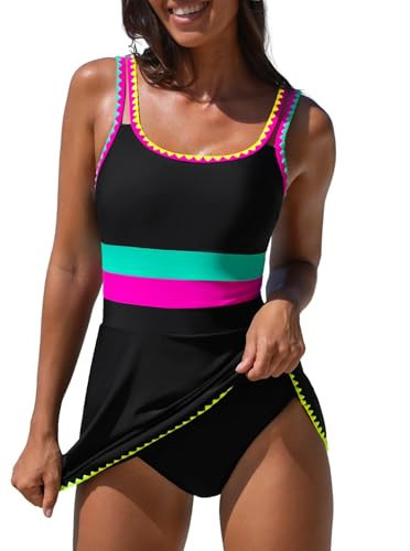popvil Women's One Piece Swimsuit 2026 Swim Dress Neon Tummy Control Bathing Suit Swimdress with Shell Trim U Neck Swimwear, Black,Medium | Amazon (US)