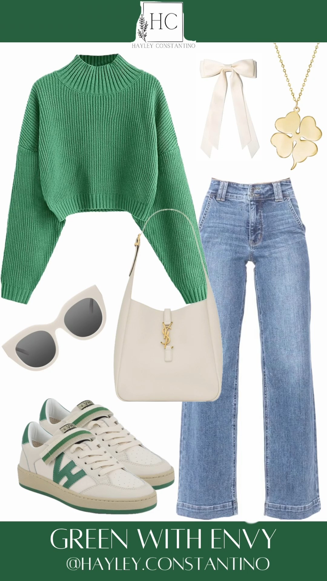 This outfit is green with envy done right—fresh, flirty, and just the right bit cheeky.
You’ve got a cozy emerald knit jumper that’s soft as a Dublin accent, paired with easy-breezy blue jeans that say “I didn’t try too hard” (even though you absolutely did). The green-and-cream trainers keep it comfy but cute—perfect for leggin’ it around town. Toss in that cream tote (roomy enough for snacks and secrets), a sweet wee bow, chic sunnies, and a gold clover necklace for a wink of Irish luck… and sure aren’t ya only glowing?
Where to wear it (go on, you deserve it):
☘️ St. Patrick’s Day festivities – parades, pints, and plenty of compliments
☕ Brunch with the girls – order the latte, spill the gossip
🛍️ Casual shopping days – look cute while pretendin’ you’re “just browsing”
🌿 Farmers markets or outdoor strolls – fresh air, fresh fit
🇮🇪 Irish festivals or heritage events – subtle, stylish, and not at all try-hard
It’s comfy, it’s charming, and it’s got just enough Irish flair 💚

#LTKootd #LTKOver40