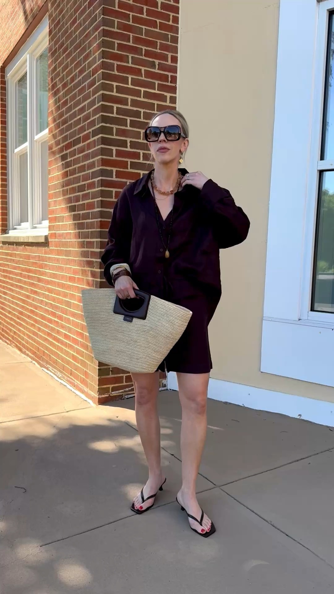 Summer vacation style, dark brown linen set, Le Tanneur straw tote bag, beaded jewelry, beach style

#LTKTravel #LTKSeasonal #LTKOver40