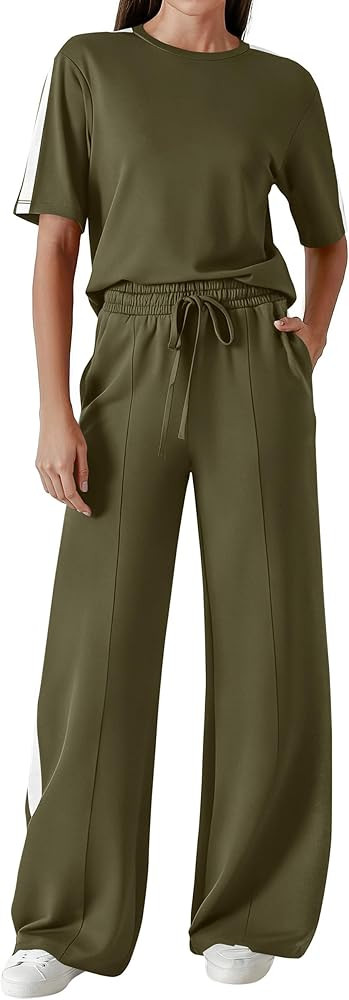 PRETTYGARDEN Women's 2 Piece Sets Summer Casual Short Sleeve Tops Wide Leg Pants Matching Lounge ... | Amazon (US)