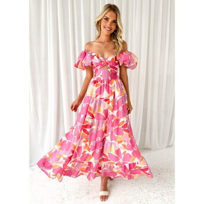 Coolmee Women's Spring Dresses Puff Sleeve Flowy Casual Floral Maxi Dress Smocked Tiered Long Dress Rose Red S | Target