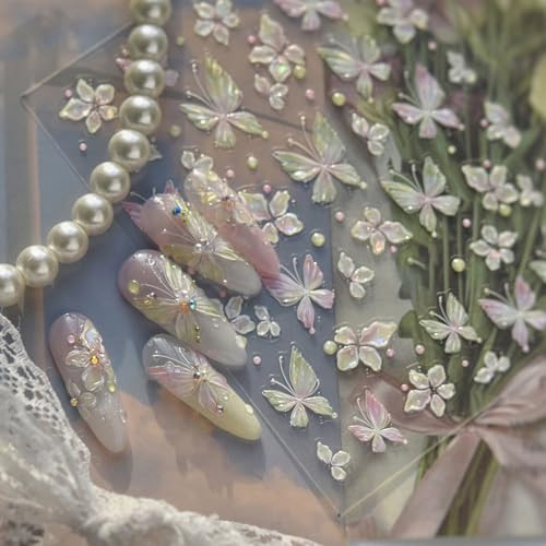 Spring Sparkly Butterfly Nail Stickers Jelly Butterfly Floral Nail Art Stickers Pink Green Gradient Design Flower Butterflies Nail Decals for Women Spring DIY Manicure Decor 1Pcs | Amazon (US)