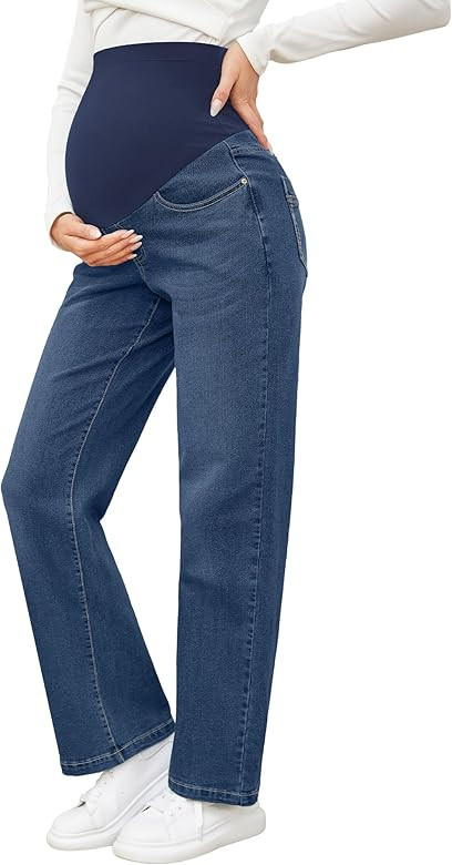 fitglam Women's Maternity Jeans Straight Leg Relaxed Fit Over Belly Pregnancy Denim Work Pants Ma... | Amazon (US)