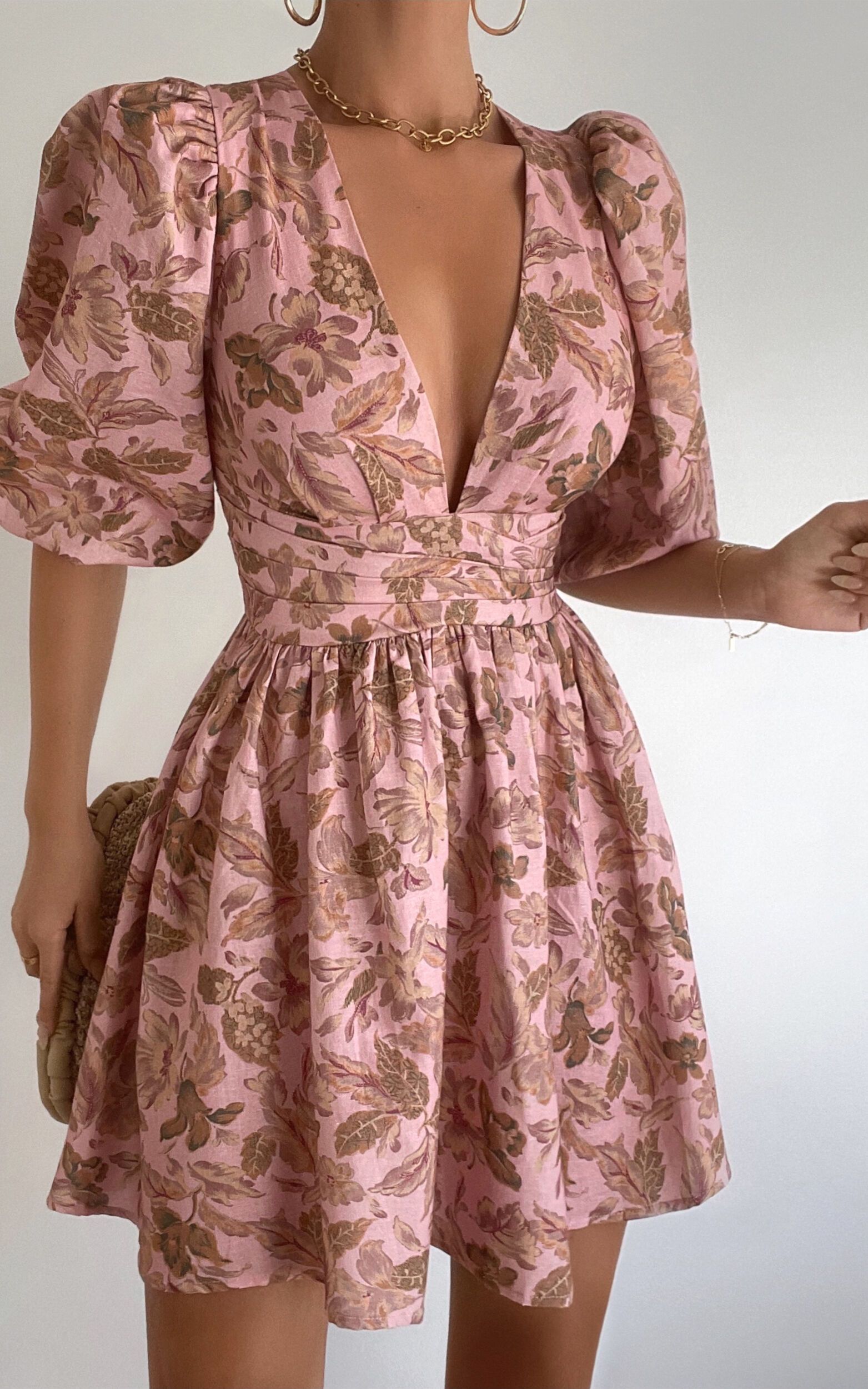 Amalie The Label - Rivinna Linen Blend Pleat Waist Puff Sleeve Mini Dress in Vahala Print | Showpo (US, UK & Europe)