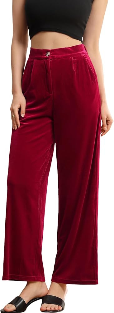 Velius Women's Sexy Velvet Sparkly Wide Leg Pants Trousers Clubwear with Pockets | Amazon (US)