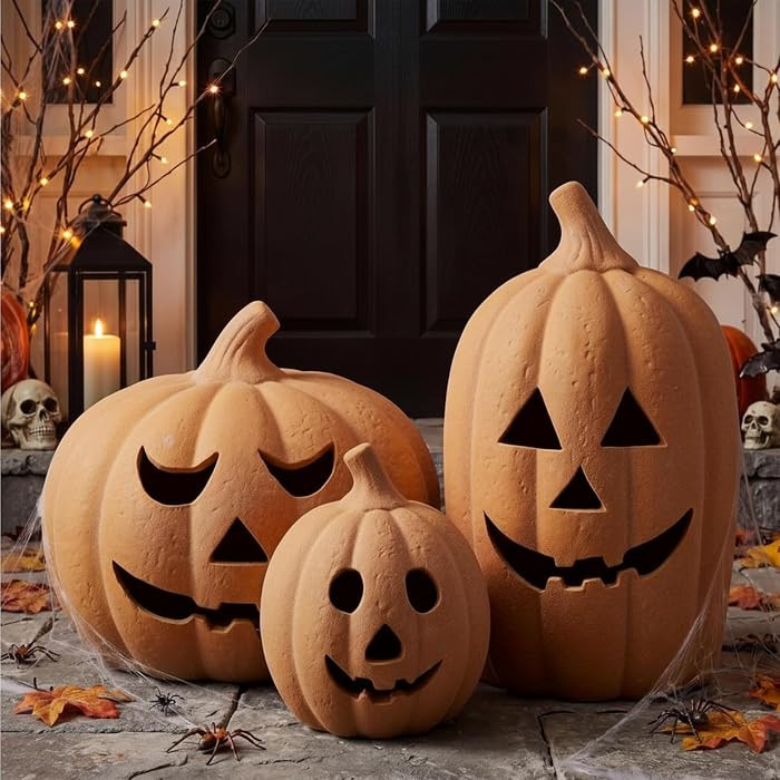 Vercraft Set of 3 Halloween Terracotta Pumpkin Decor - 13 in, 9 in, 7 in | Amazon (US)