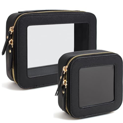 FFpaw Travel Clear Makeup Bag Set, TSA Approved Cosmetic Bag Case with Zipper Portable Makeup Case Toiletry Bag Women Traveling Cosmetic Organizer Storage Bag Car Essentials (Mini+Large Black) | Amazon (US)