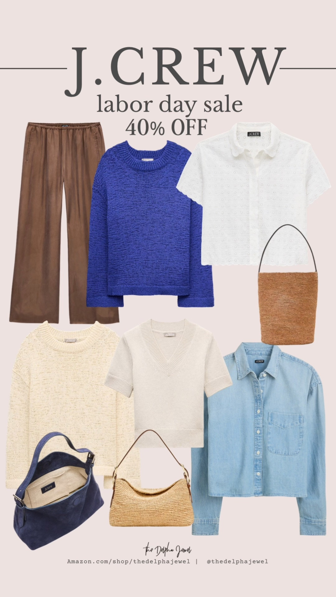 @jcrew Labor Day Sale event 40% OFF is live! Code LABORDAY

Rounding up my favorites from the sale - perfect fall transition pieces you can wear now and later. 

DETAILS:
Brown wide-leg pull-on pants - the perfect faux leather / satin pant for fall
Cobalt blue oversized crewneck knit sweater - this color for fall!
White eyelet short sleeve button down - so good with denim
Tan woven straw bucket tote with leather handle
Cream textured boucle crewneck sweater - cozy neutral staple
Ivory v-neck short sleeve sweater - great for layering
Light wash cropped denim button down shirt
Navy suede hobo / slouchy shoulder bag
Natural raffia slouchy shoulder bag

Over 40 style, fall outfits women, work outfits, business casual workwear, back to school outfits, teacher outfits

#LTKSaleAlert #LTKOver40 #LTKMidsize
