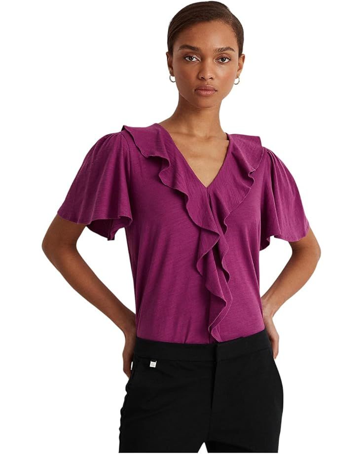 LAUREN Ralph Lauren Ruffle-Trim Slub Jersey Tee | Zappos