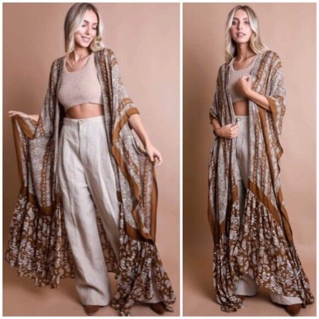 Brown Paisley Tapestry Free Flow Kimono Open Duster Coverup Wrap Top One Size Women's Casual - Et... | Etsy (US)