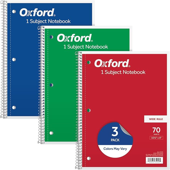 Oxford 1-Subject Notebooks, School Journal, 8 x 10-1/2 Inch, Wide Rule Paper, 70 Sheets, 3-Hole P... | Amazon (US)