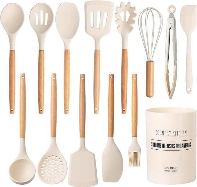 Country Kitchen Non Stick Silicone Utensil Set with Rounded Wood Handles for Cooking and Baking, ... | Amazon (US)