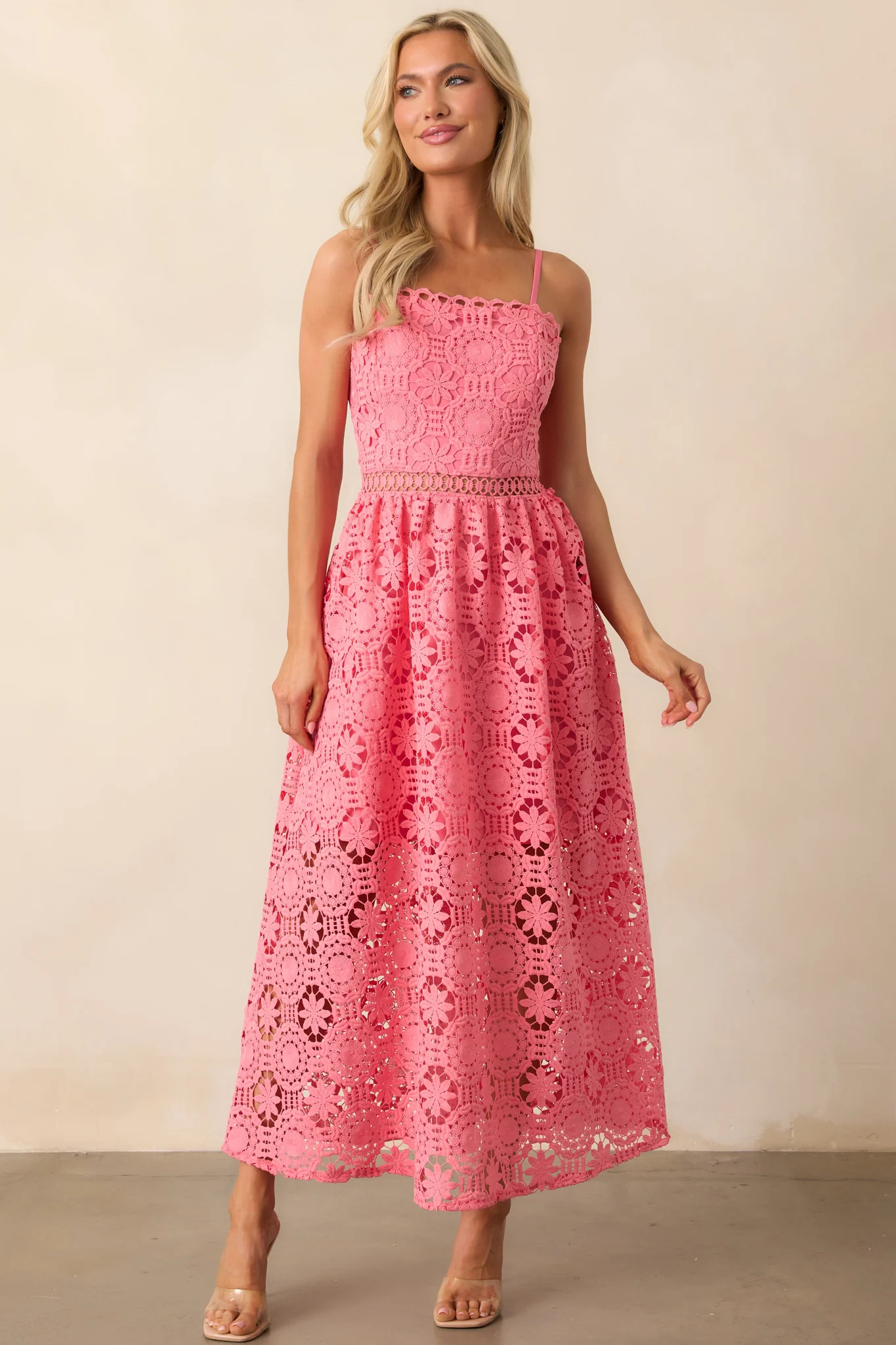 Sweet Moments Pink Coral Floral Embroidered Maxi Dress | Red Dress