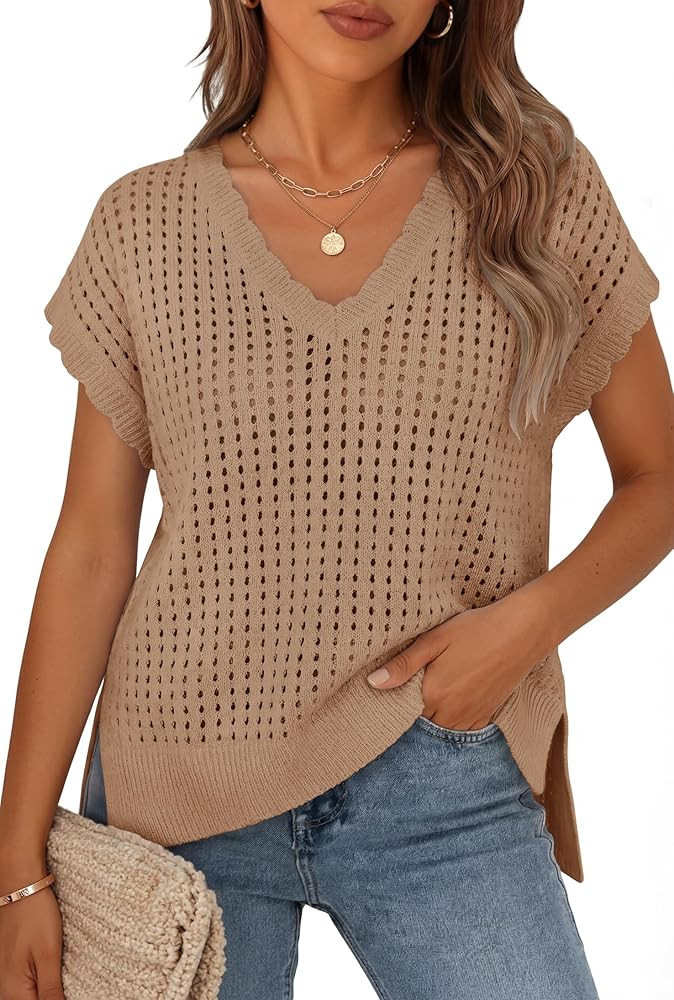 ZESICA Women's Spring Tops 2026 Summer Shirts Crochet V Neck Cap Sleeve Sweater Cute Casual Beach... | Amazon (US)