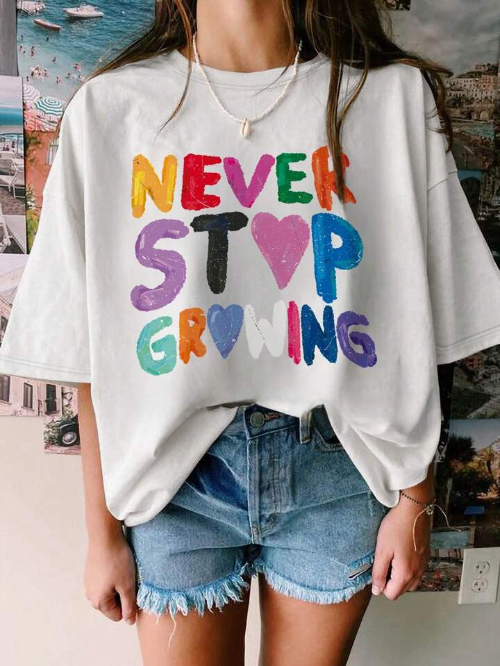 Letter Printed Drop Shoulder Short Sleeve T-Shirt | SHEIN USA | SHEIN