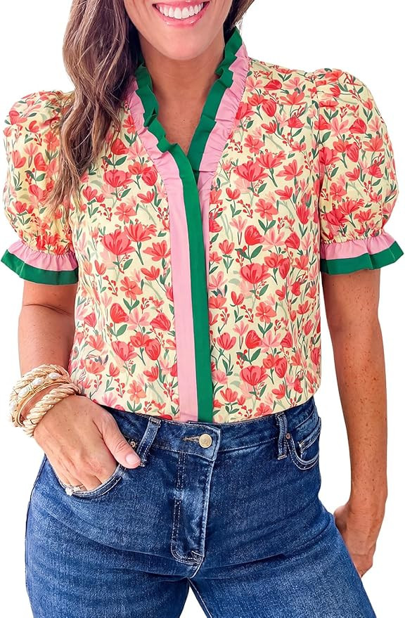 Cicy Bell Womens Summer Floral Print Tops Casual Puff Short Sleeve Ruffle V Neck Button Down Shir... | Amazon (US)