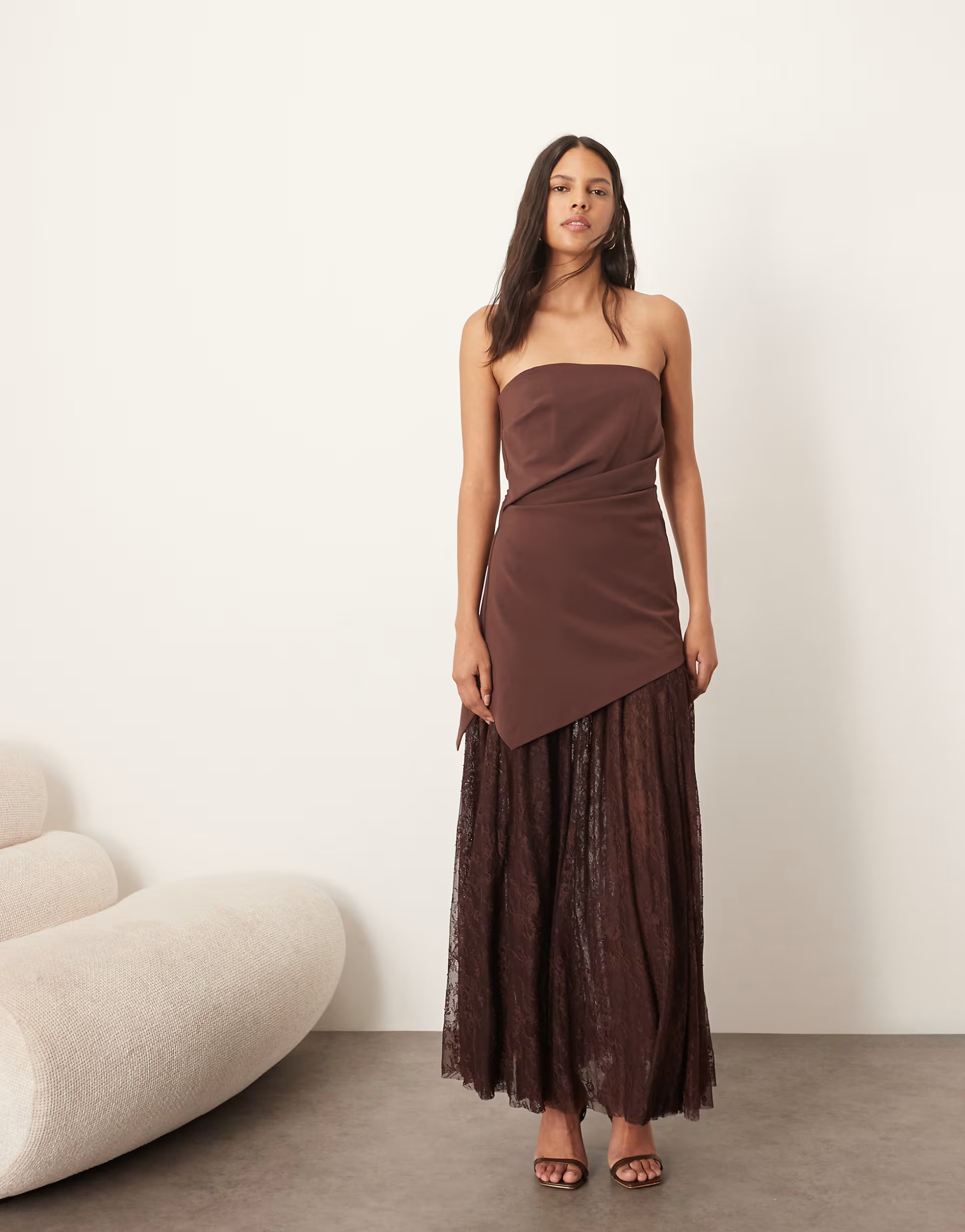 ARRANGE longline asymmetric bandeau maxi dress with lace skirt in chocolate | ASOS (Global)