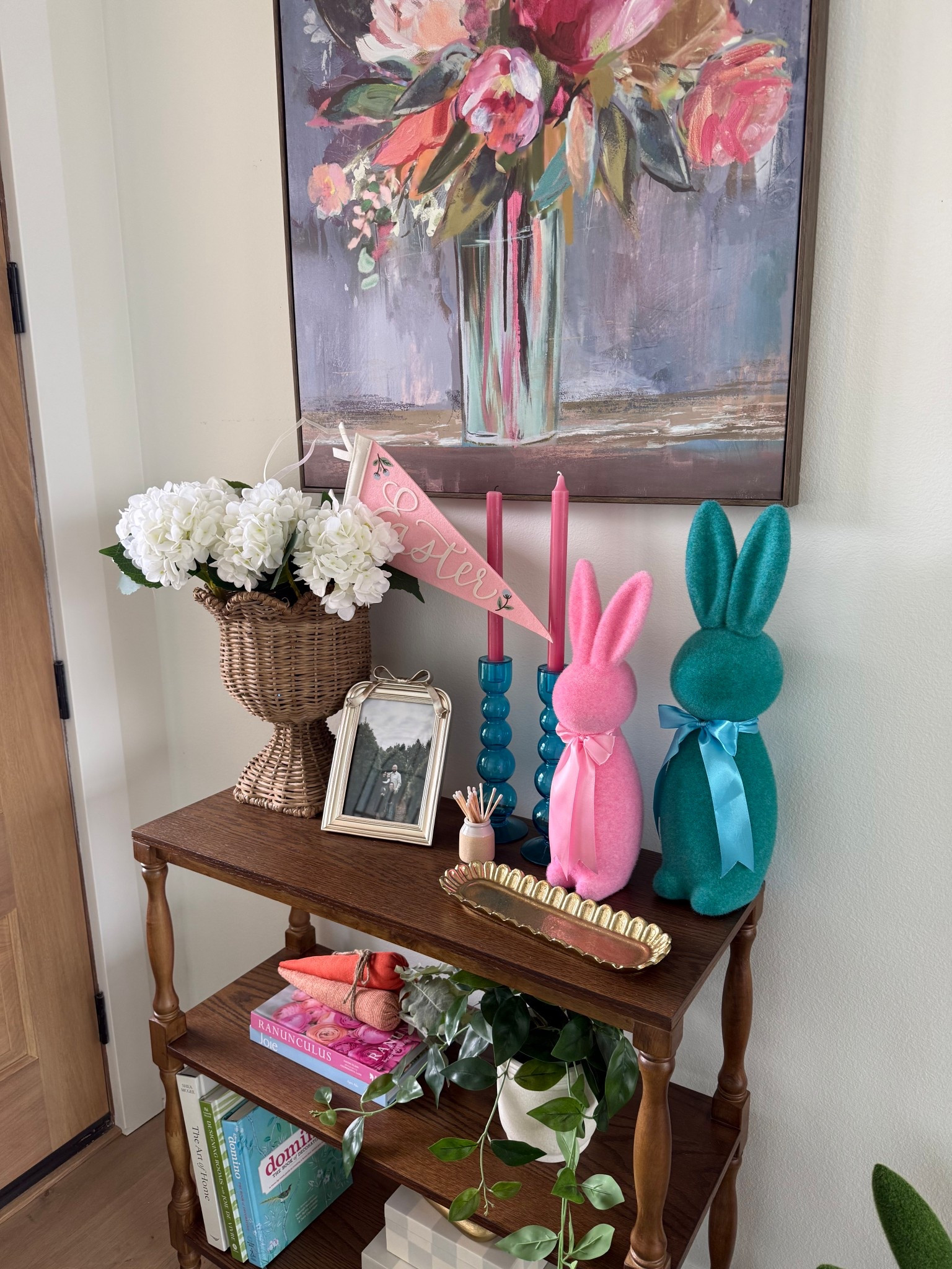 Spring Easter Bunny Rabbit Decor! Flocked rabbits!  Faux hyrdrangea stems! 

#LTKHome #LTKSeasonal
