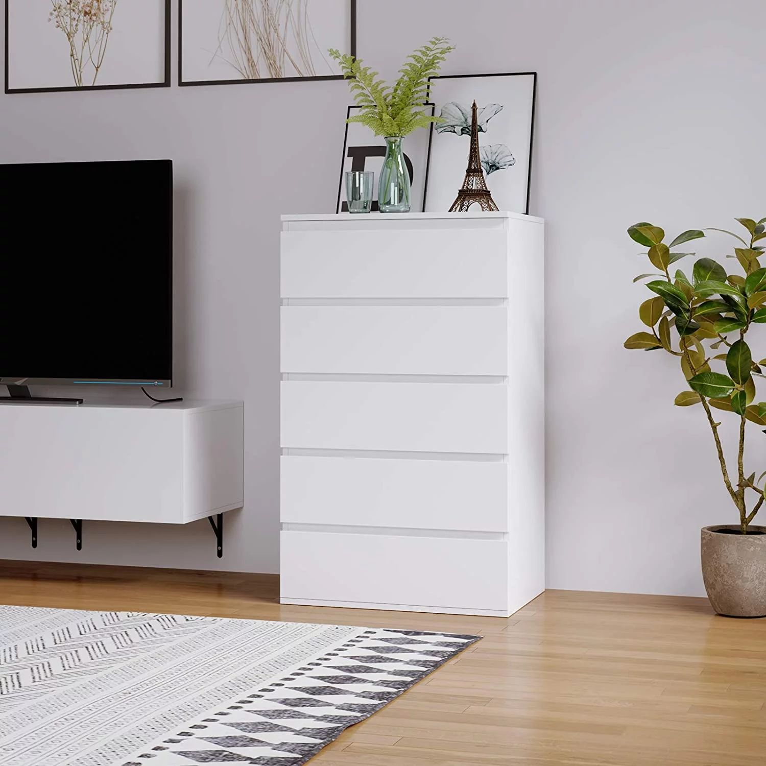 Homfa 5 Drawer White Dresser, Modern Storage Cabinet for Bedroom, White Chest of Drawers Wood Org... | Walmart (US)