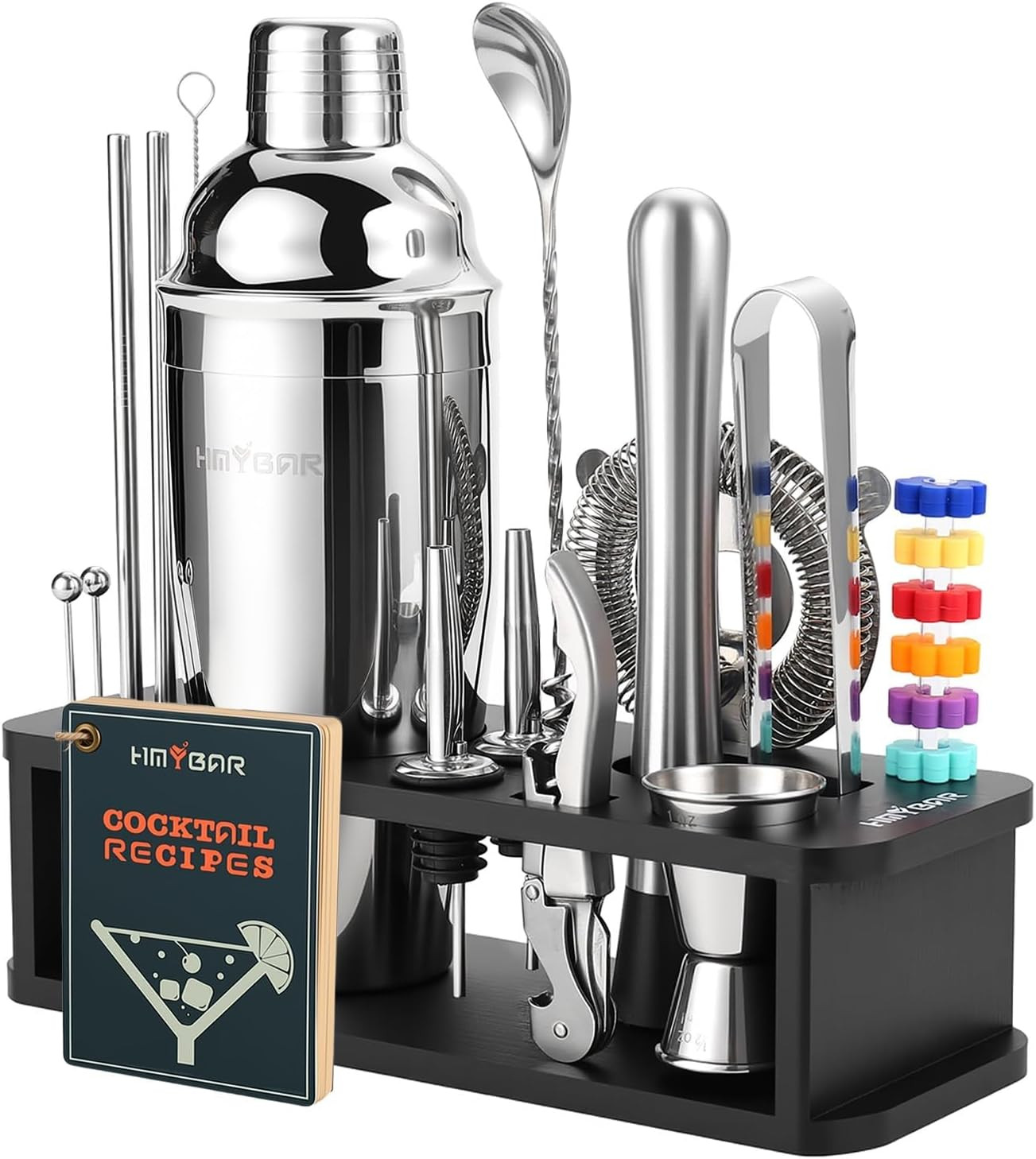 HMYBAR® 22-Piece Cocktail Shaker Set, Mixology Bartender Kit with 24oz Cobbler Shaker, Home Bar Tool Set with Black Bamboo Stand, 39 Recipe Cards, Glass Markers, Gift for Men & Dad | Amazon (US)