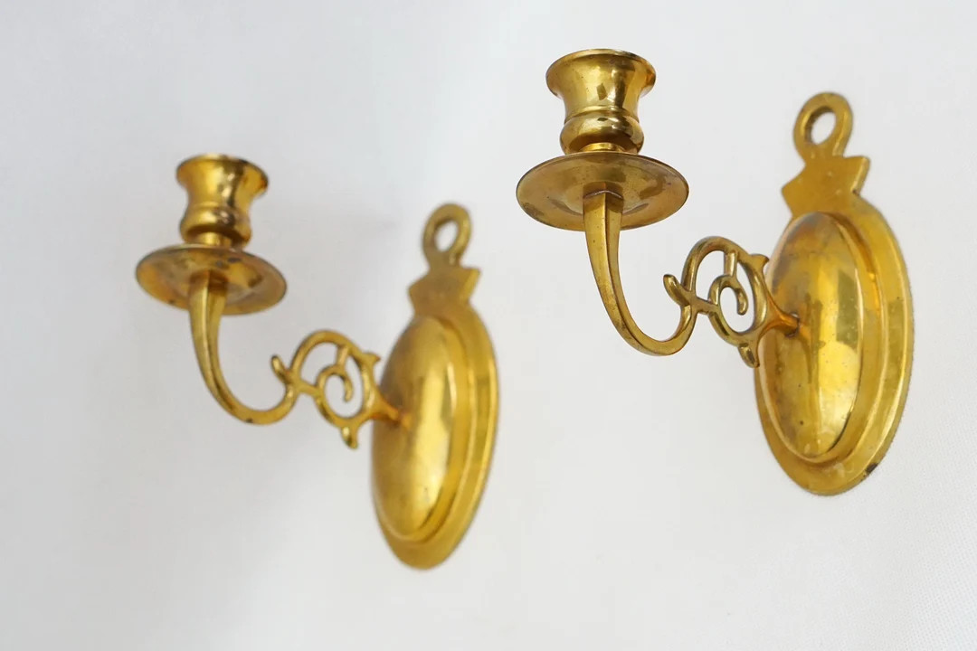 Pair of VINTAGE BRASS Candle SCONCES Wall Candleholders - Etsy | Etsy (US)