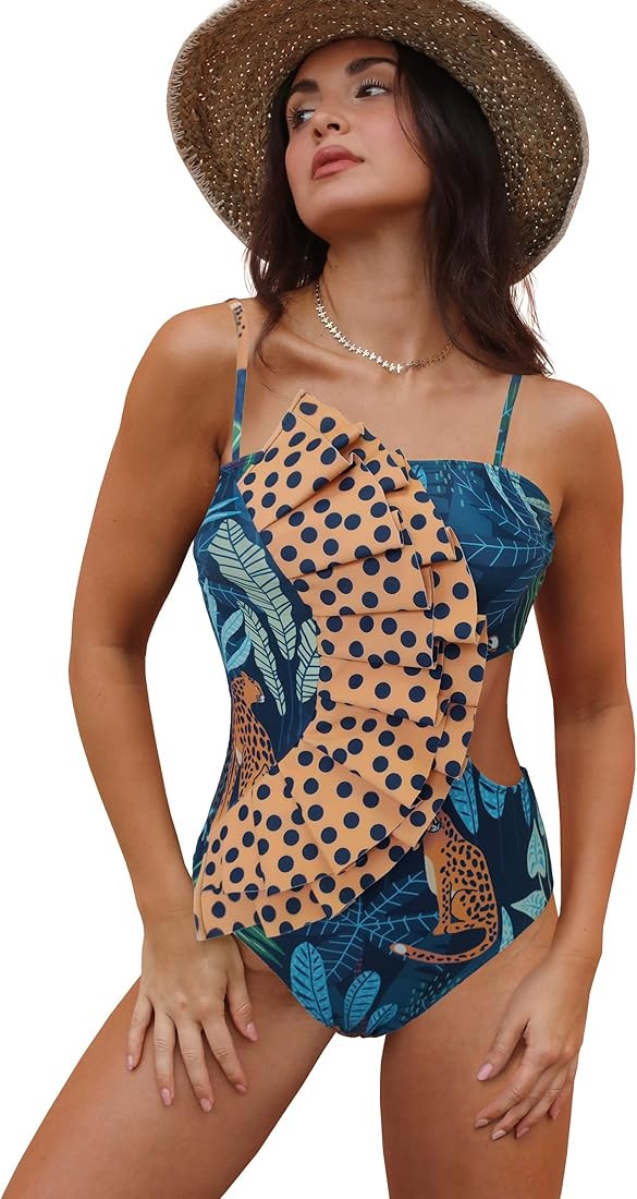SPORLIKE Women One Piece Swimsuit Flounce Swimwear Hole Out Bathing Suit Padded Monokini | Amazon (US)