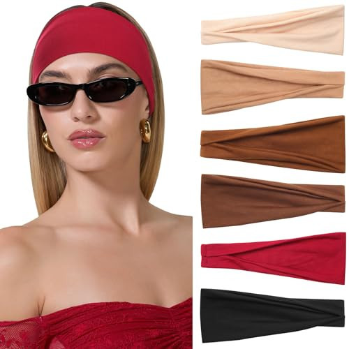 AWAYTR 6 Pack Wide Headbands for Women, Non Slip Stretchy Yoga Workout Head Bands, Trendy Everyday Fashion Hair Bands (Black/Red/Beige/Camel/Brown/Coffee) | Amazon (US)