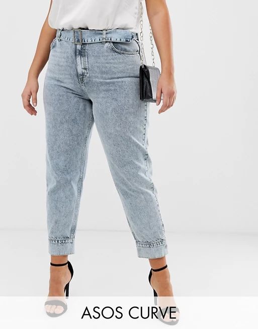 ASOS DESIGN Curve Ritson rigid high waisted mom jeans in light vintage wash with belted waist and... | ASOS US