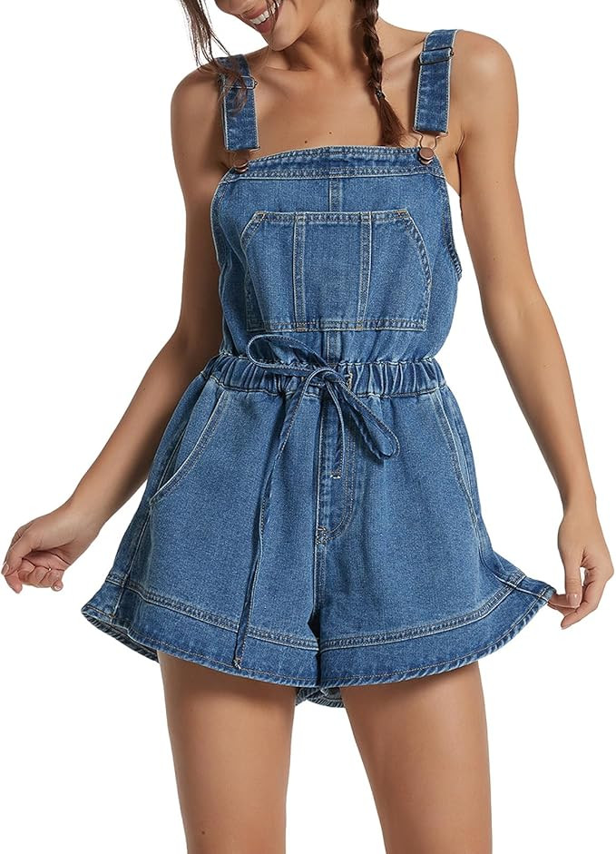 Women's Sleeveless Denim Romper Shorts Ruffle Hem Adjustable Strap Casual Jean Jumpsuits One Piec... | Amazon (US)